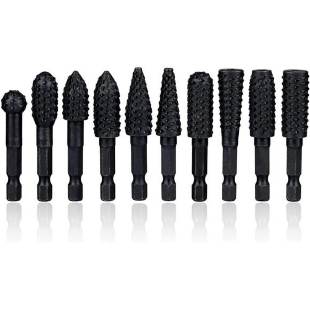 10 Pcs Rotary Burr Rasp Set, 1/4" Hex Shank Quick Change Wood Carving Drill Bits
